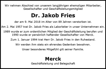 Traueranzeige von Jakob Fries von Trauerportal Rhein Main Presse