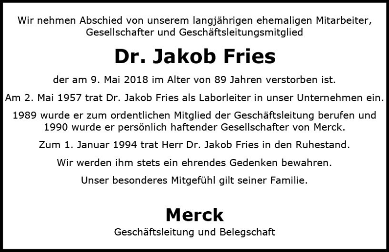  Traueranzeige für Jakob Fries vom 24.05.2018 aus Trauerportal Rhein Main Presse