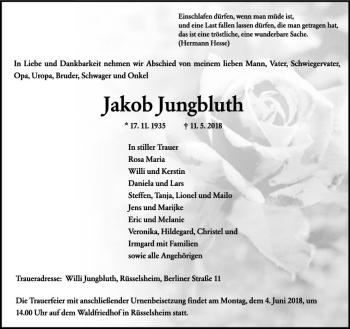 Traueranzeige von Jakob Jungbluth von Trauerportal Rhein Main Presse