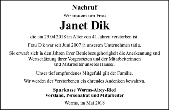 Traueranzeige von Janet Dik von Trauerportal Rhein Main Presse