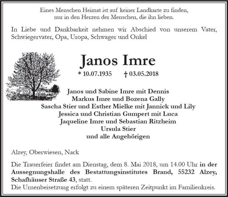  Traueranzeige für Janos Imre vom 05.05.2018 aus Trauerportal Rhein Main Presse