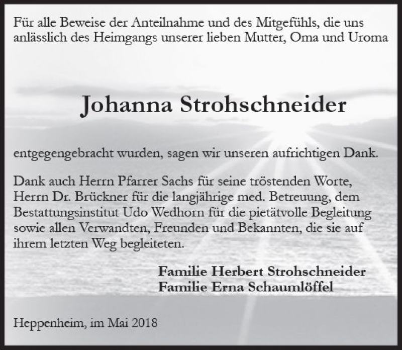  Traueranzeige für Johanna Strohschneider vom 26.05.2018 aus Trauerportal Rhein Main Presse