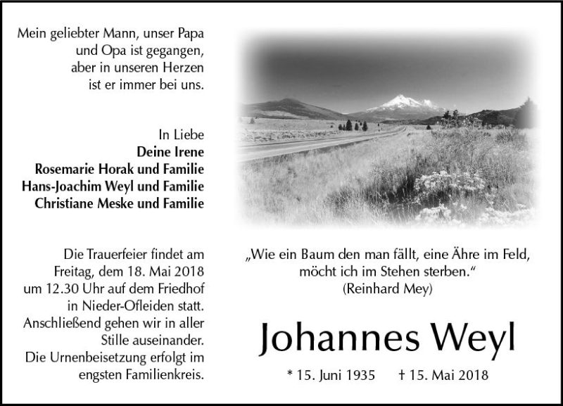  Traueranzeige für Johannes Weyl vom 17.05.2018 aus VRM Trauer