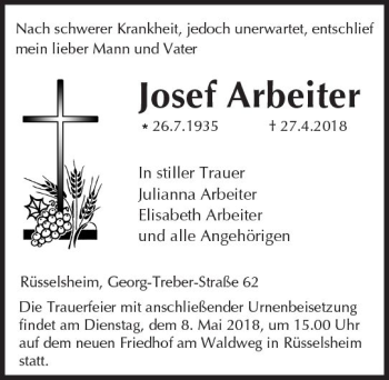 Traueranzeige von Josef Arbeiter von Trauerportal Rhein Main Presse