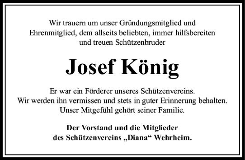  Traueranzeige für Josef König vom 08.05.2018 aus  Usinger Anzeiger