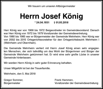 Traueranzeige von Josef König von  Usinger Anzeiger