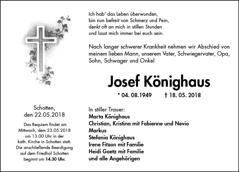  Traueranzeige für Josef Könighaus vom 22.05.2018 aus  Kreisanzeiger