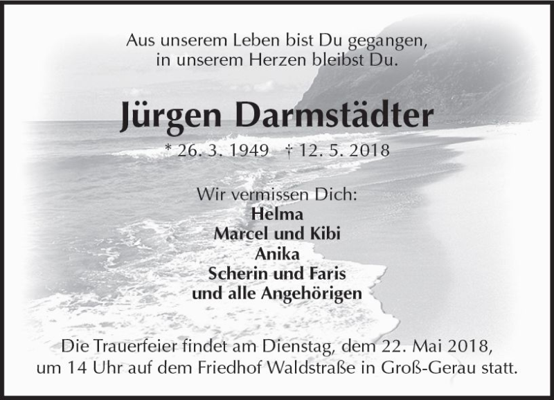 Traueranzeige für Jürgen Darmstädter vom 19.05.2018 aus Trauerportal Rhein Main Presse
