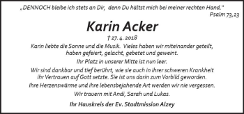 Traueranzeige von Karin Acker von Trauerportal Rhein Main Presse