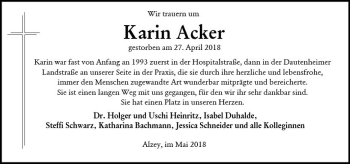 Traueranzeige von Karin Acker von Trauerportal Rhein Main Presse