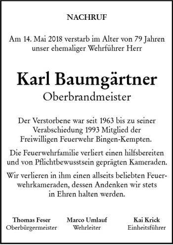 Traueranzeige von Karl Baumgärtner von Trauerportal Rhein Main Presse