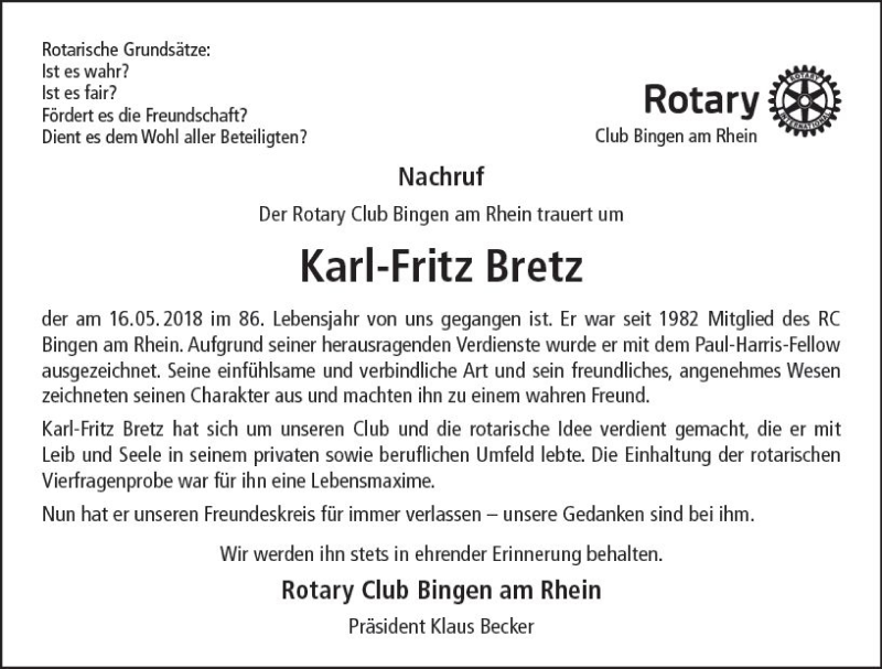  Traueranzeige für Karl-Fritz Bretz vom 23.05.2018 aus Trauerportal Rhein Main Presse
