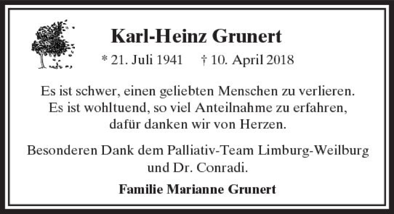  Traueranzeige für Karl-Heinz Grunert vom 17.05.2018 aus  Camberger Anzeiger