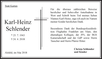 Traueranzeige von Karl-Heinz Schlender von VRM Trauer