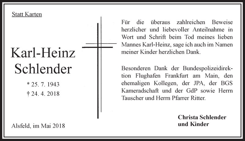  Traueranzeige für Karl-Heinz Schlender vom 19.05.2018 aus VRM Trauer