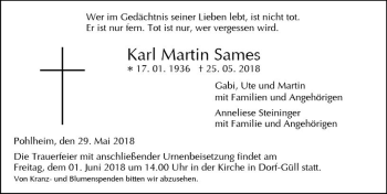 Traueranzeige von Karl Martin Sames von  Gießener Anzeiger