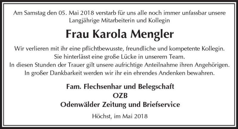  Traueranzeige für Karola Mengler vom 09.05.2018 aus Trauerportal Rhein Main Presse