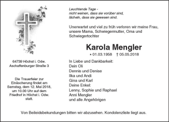 Traueranzeige von Karola Mengler von Trauerportal Rhein Main Presse