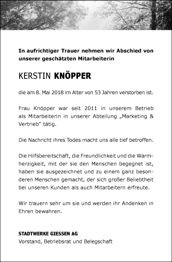 Traueranzeige von Kerstin Knöpper von  Gießener Anzeiger