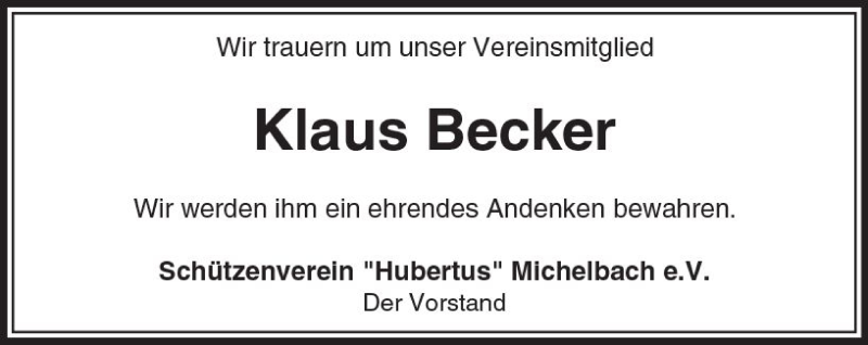  Traueranzeige für Klaus Becker vom 30.05.2018 aus  Usinger Anzeiger