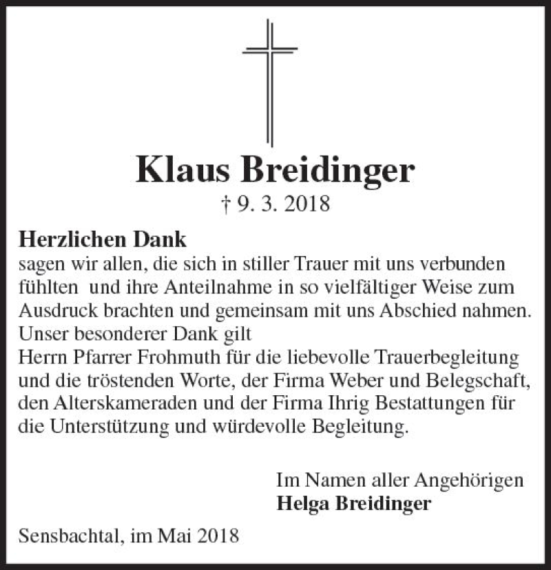  Traueranzeige für Klaus Breidinger vom 05.05.2018 aus Trauerportal Rhein Main Presse