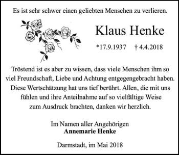 Traueranzeige von Klaus Henke von Trauerportal Rhein Main Presse