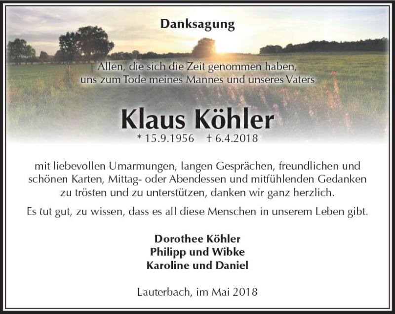  Traueranzeige für Klaus Köhler vom 26.05.2018 aus VRM Trauer