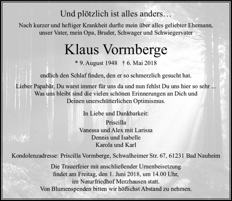  Traueranzeige für Klaus Vormberge vom 26.05.2018 aus  Usinger Anzeiger