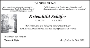 Traueranzeige von Kriemhild Schäfer von Trauerportal Rhein Main Presse