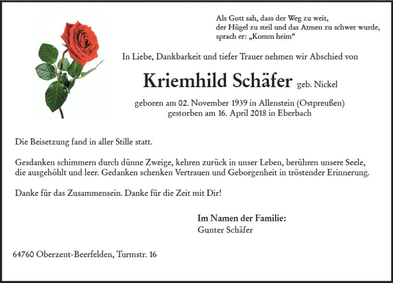  Traueranzeige für Kriemhild Schäfer vom 04.05.2018 aus Trauerportal Rhein Main Presse