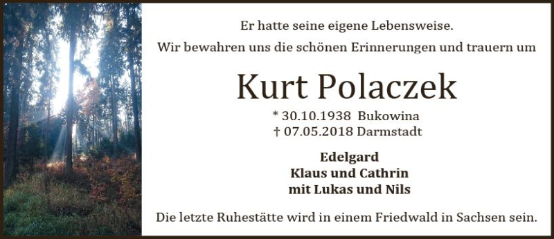  Traueranzeige für Kurt Polarczek vom 18.05.2018 aus Trauerportal Rhein Main Presse