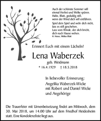 Traueranzeige von Lena Waberzek von Trauerportal Rhein Main Presse