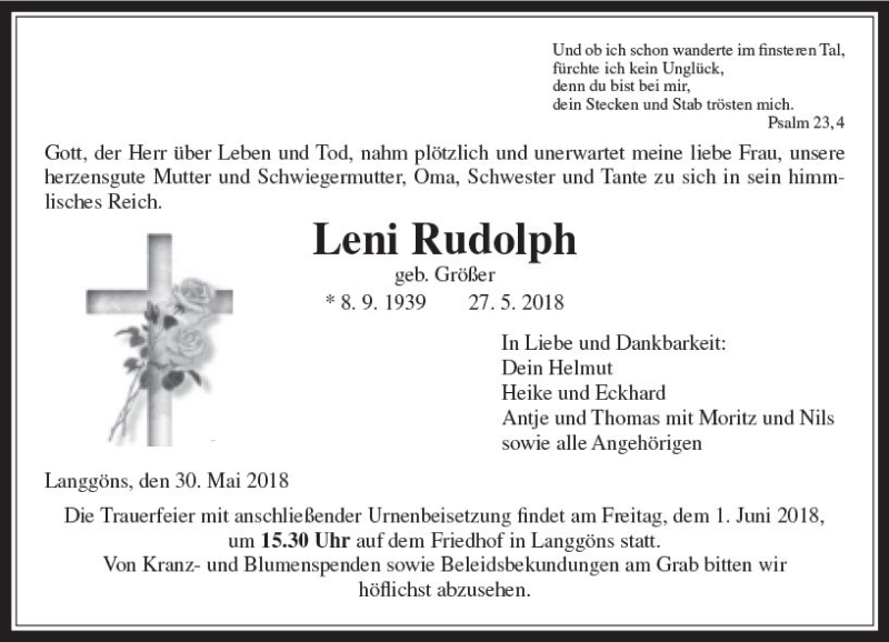  Traueranzeige für Leni Rudolph vom 30.05.2018 aus  Gießener Anzeiger