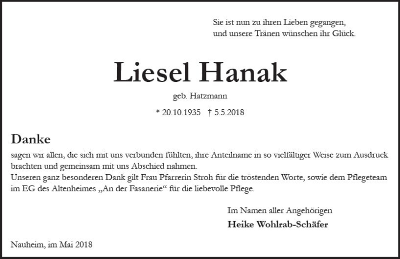  Traueranzeige für Liesel Hanak vom 26.05.2018 aus Trauerportal Rhein Main Presse