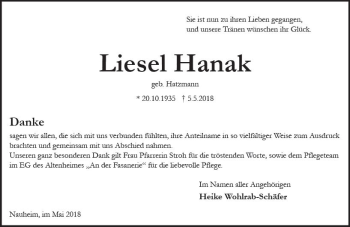 Traueranzeige von Liesel Hanak von Trauerportal Rhein Main Presse