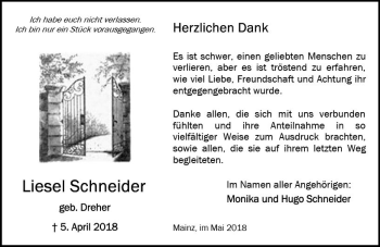 Traueranzeige von Liesel Schneider von Trauerportal Rhein Main Presse