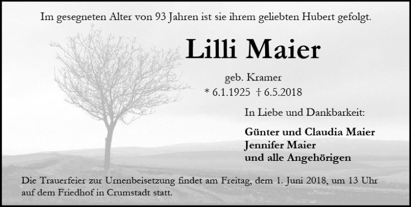  Traueranzeige für Lilli Maier vom 12.05.2018 aus Trauerportal Rhein Main Presse