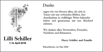 Traueranzeige von Lilli Schiller von Trauerportal Rhein Main Presse