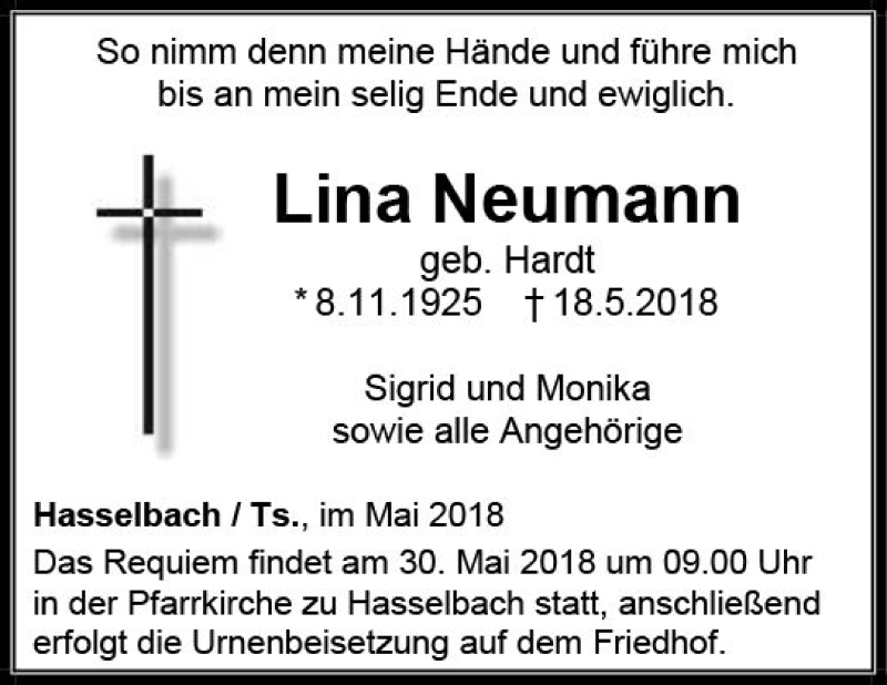  Traueranzeige für Lina Neumann vom 26.05.2018 aus  Usinger Anzeiger