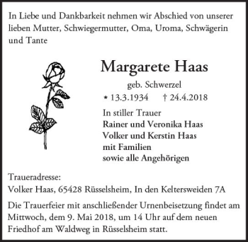 Traueranzeige von Margarete Haas von Trauerportal Rhein Main Presse