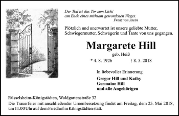 Traueranzeige von Margarete Hill von Trauerportal Rhein Main Presse