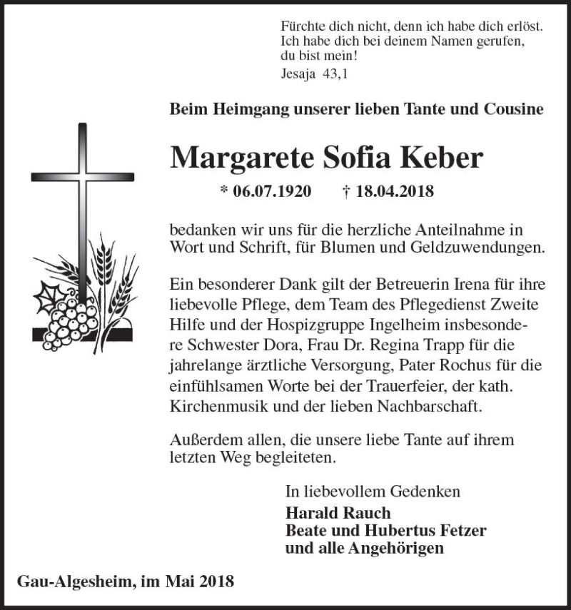  Traueranzeige für Margarete Sofia Keber vom 19.05.2018 aus Trauerportal Rhein Main Presse