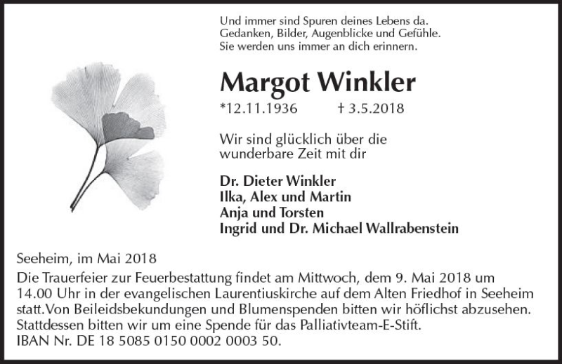  Traueranzeige für Margot Winkler vom 05.05.2018 aus Trauerportal Rhein Main Presse