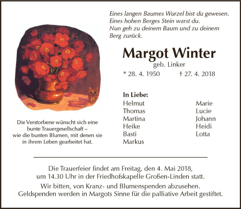  Traueranzeige für Margot Winter vom 02.05.2018 aus  Gießener Anzeiger