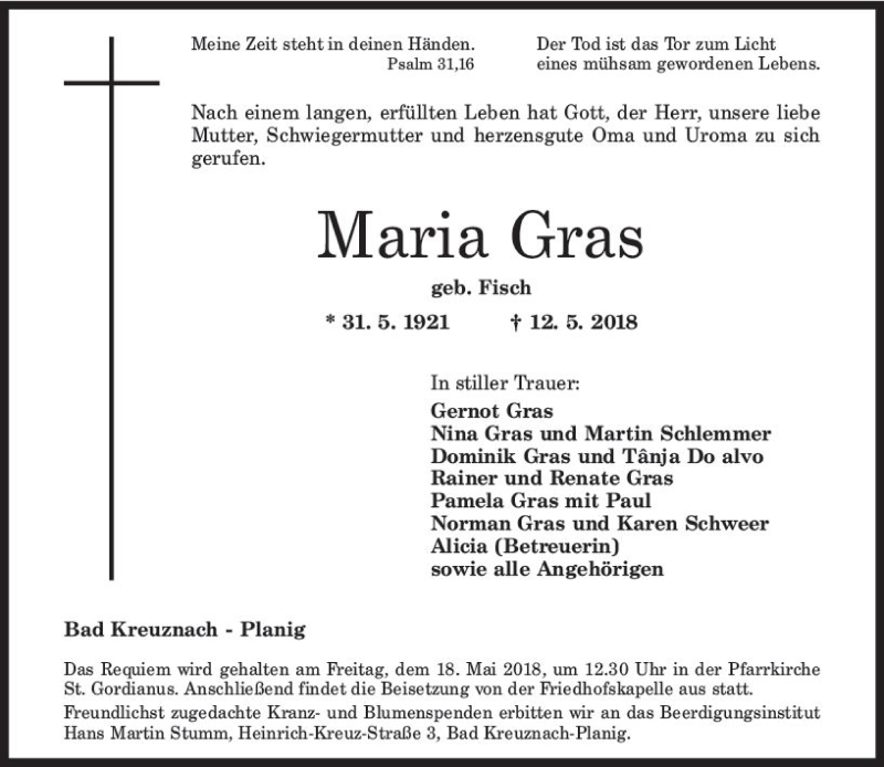  Traueranzeige für Maria Gras vom 15.05.2018 aus Trauerportal Rhein Main Presse