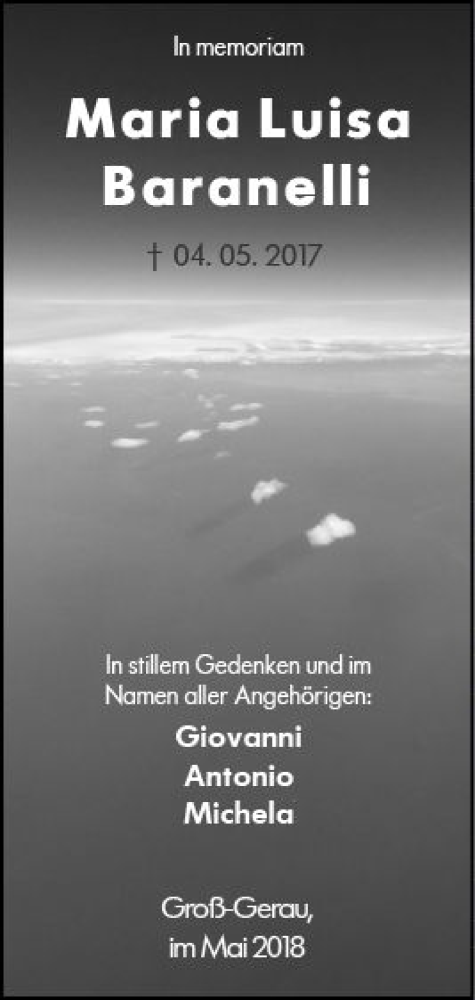  Traueranzeige für Maria Luisa Baranelli vom 04.05.2018 aus Trauerportal Rhein Main Presse