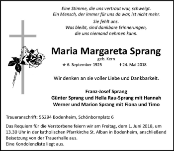 Traueranzeige von Maria Margareta Sprang von Trauerportal Rhein Main Presse
