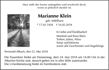 Traueranzeige von Marianne Klein von  Gießener Anzeiger