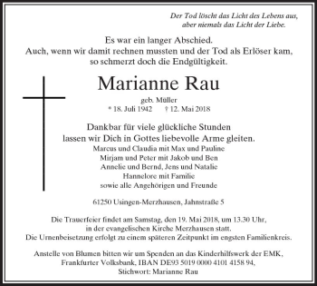 Traueranzeige von Marianne Rau von  Usinger Anzeiger