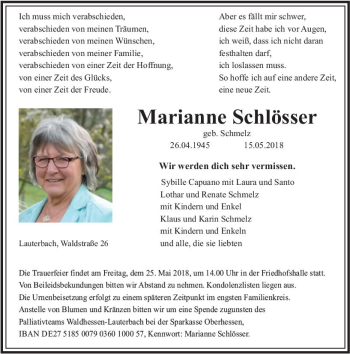 Traueranzeige von Marianne Schlösser von VRM Trauer